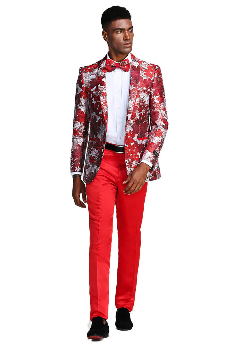 Men's Slim Fit Paisley Prom Tuxedo Jacket in Red & Silver - Image 2