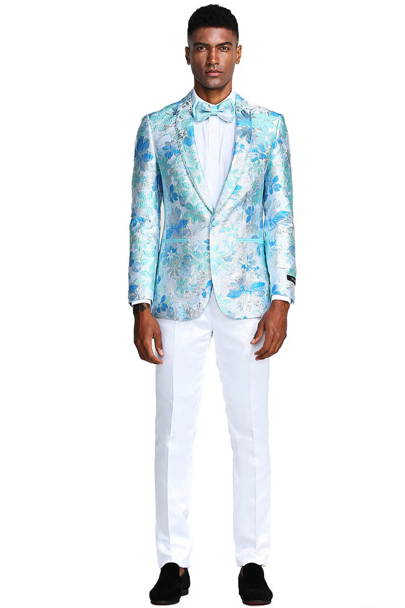 Men's Slim Fit Paisley Prom Tuxedo Jacket in Sky Blue & Silver - Image 2