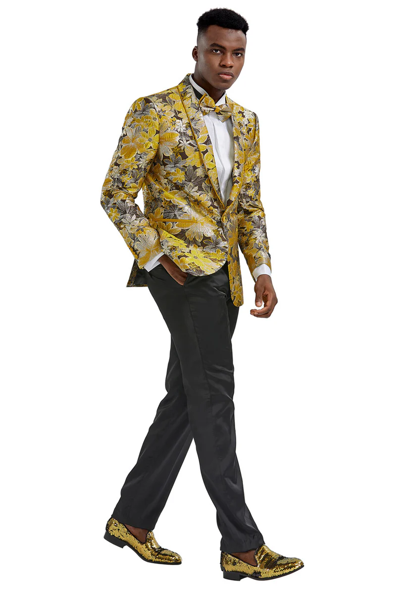 Men's Slim Fit Paisley Prom Tuxedo Jacket in Yellow Gold & Black - Image 2