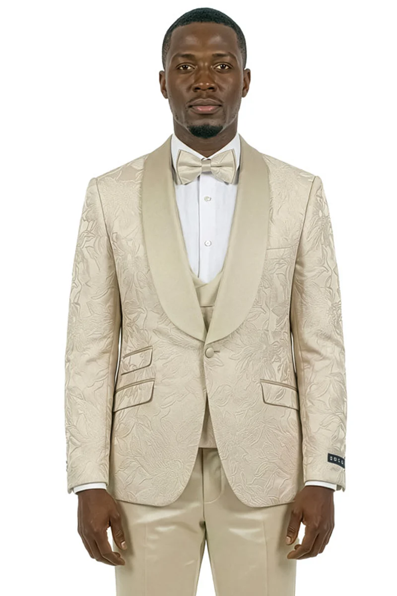 Men's Slim Fit Satin Paisley Wedding & Prom Tuxedo in Beige