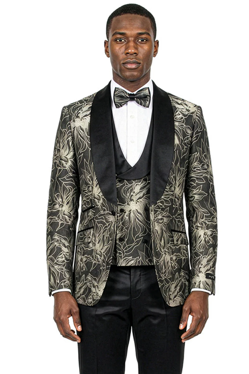 Men's Slim Fit Satin Paisley Wedding & Prom Tuxedo in Black & Gold