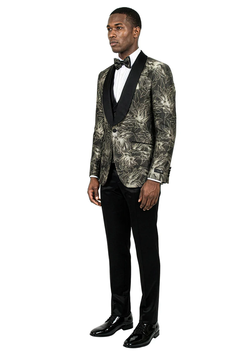 Men's Slim Fit Satin Paisley Wedding & Prom Tuxedo in Black & Gold - Image 2