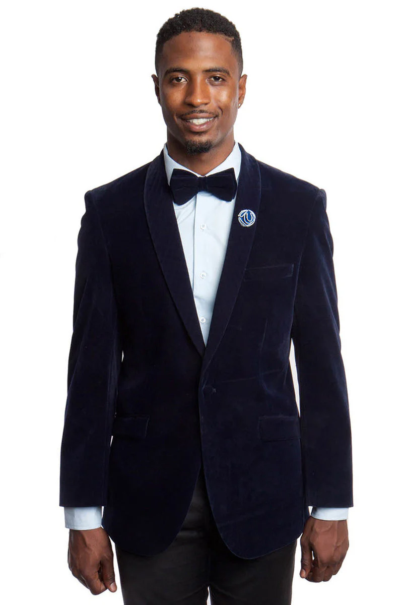 Men's Slim Fit Shawl Lapel Velvet Dinner Jacket in Navy Blue | CLOSE OUT 40S