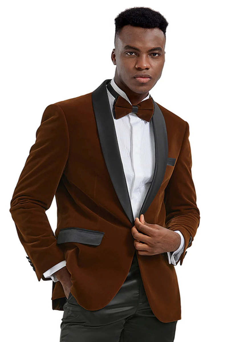 Men's Slim Fit Shawl Lapel Velvet Wedding & Prom Tuxedo Jacket in Camel Bronze
