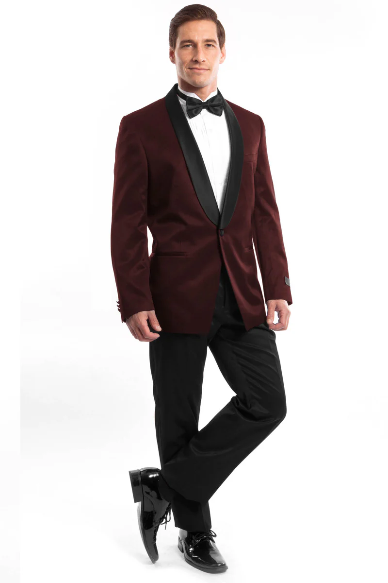 Men's Slim Fit Shawl Tuxedo in Burgundy Satin Birdseye - Image 2
