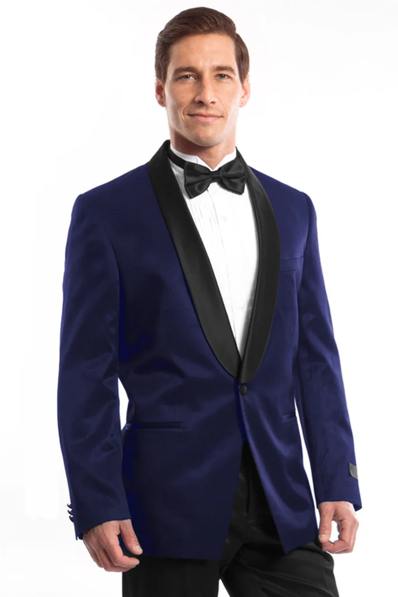 Men's Slim Fit Shawl Tuxedo in Navy Blue Satin Birdseye