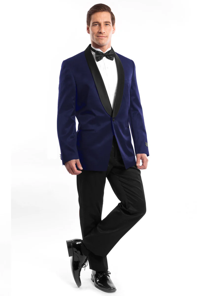 Men's Slim Fit Shawl Tuxedo in Navy Blue Satin Birdseye - Image 2