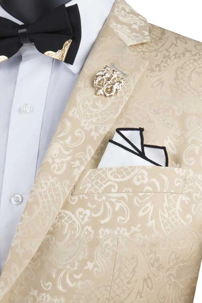 Men's Slim Fit Shiny Paisley Prom & Wedding Suit in Beige - Image 2