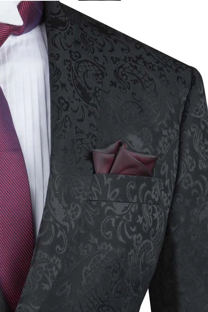 Men's Slim Fit Shiny Paisley Prom & Wedding Suit in Black - Image 2