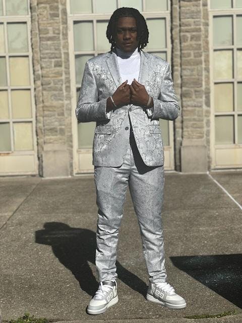 Men's Slim Fit Shiny Paisley Prom & Wedding Suit in Silver Grey - Image 3