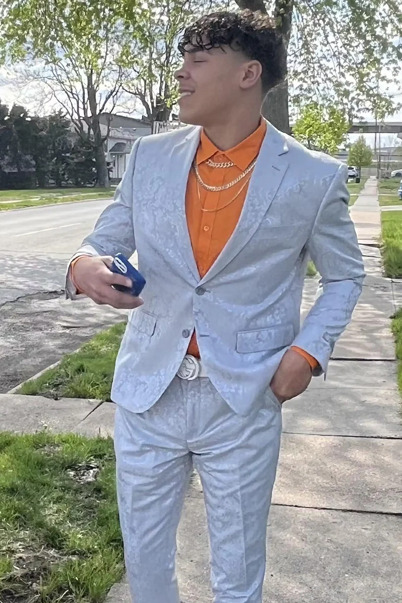 Men's Slim Fit Shiny Paisley Prom & Wedding Suit in Silver Grey - Image 5