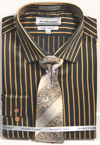 Men's Slim Fit Spread Collar Dress Shirt & Tie Set in Bold Black & Gold Gangster Pinstripe