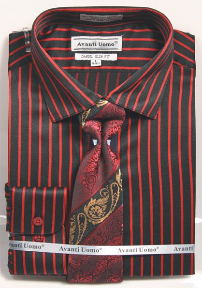 Men's Slim Fit Spread Collar Dress Shirt & Tie Set in Bold Black & Red Gangster Pinstripe