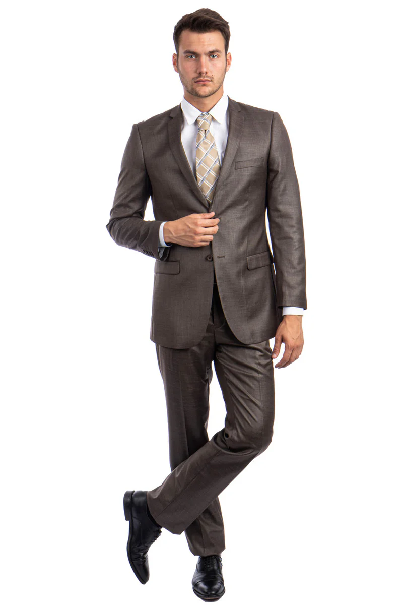 Men's Slim Fit Textured Shiny Sharkskin Suit in Cocoa Brown - Image 2