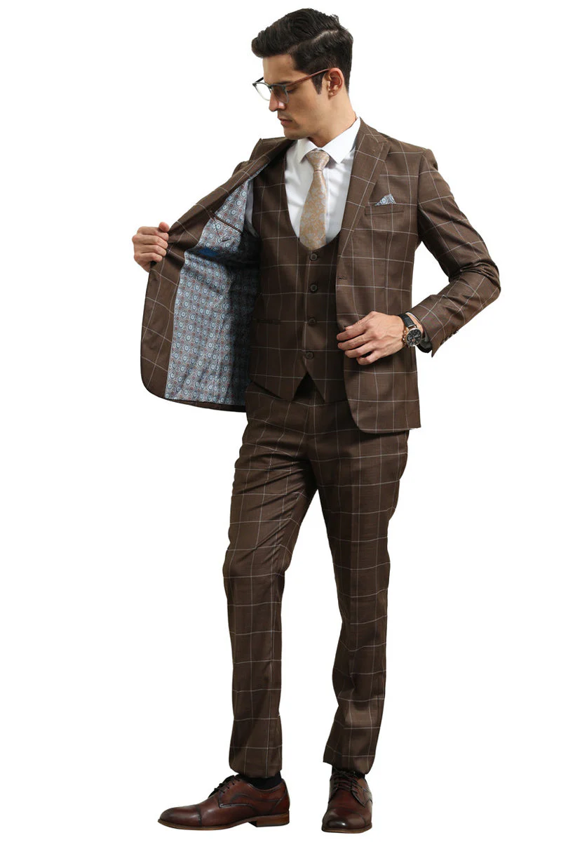 Men's Slim Fit Two Button Peak Lapel Vested Suit in Brown Windowpane Plaid - Image 2