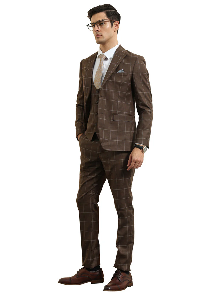 Men's Slim Fit Two Button Peak Lapel Vested Suit in Brown Windowpane Plaid - Image 3