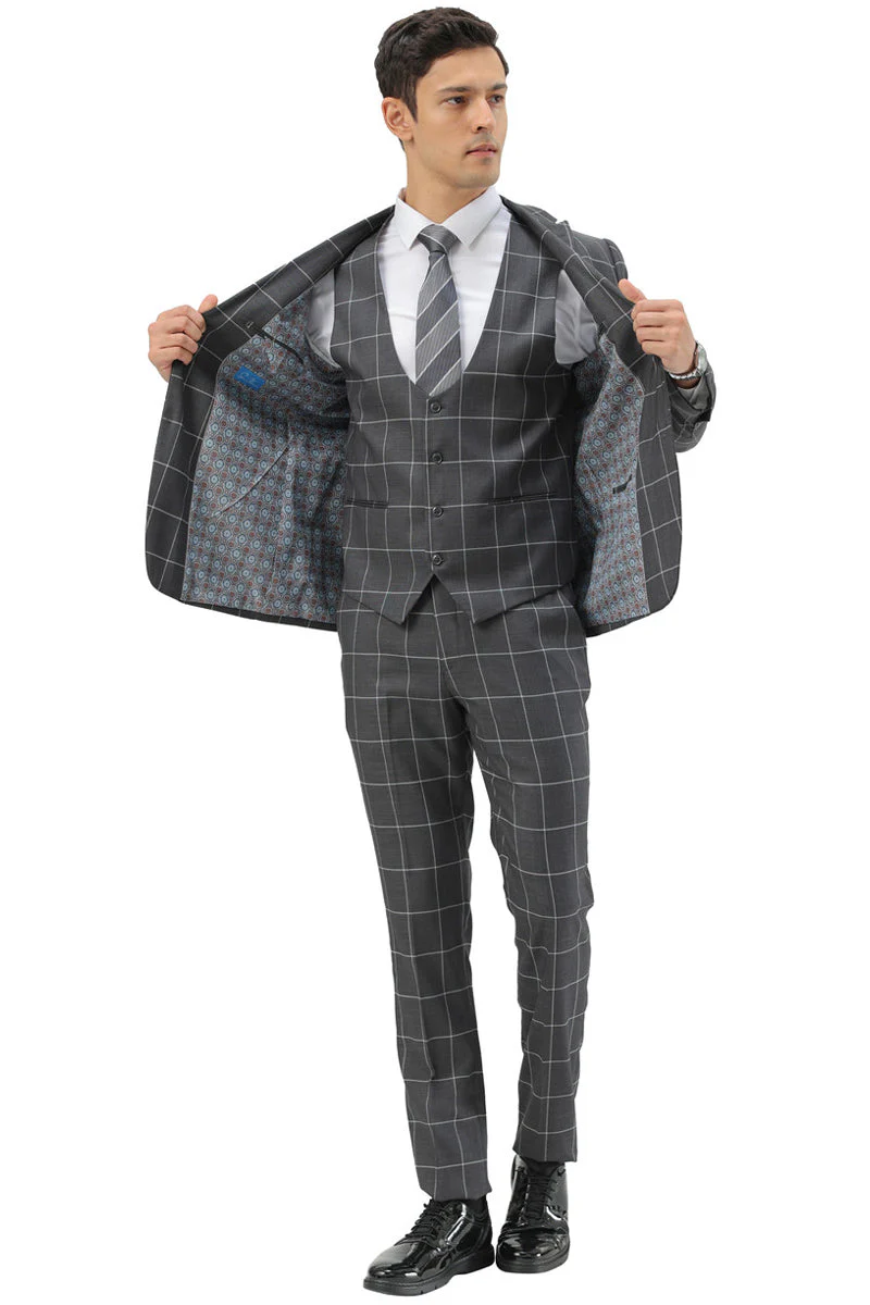 Men's Slim Fit Two Button Peak Lapel Vested Suit in Grey Windowpane Plaid - Image 2