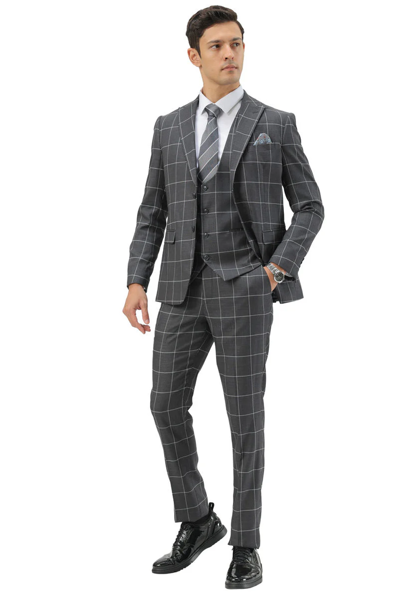 Men's Slim Fit Two Button Peak Lapel Vested Suit in Grey Windowpane Plaid - Image 3