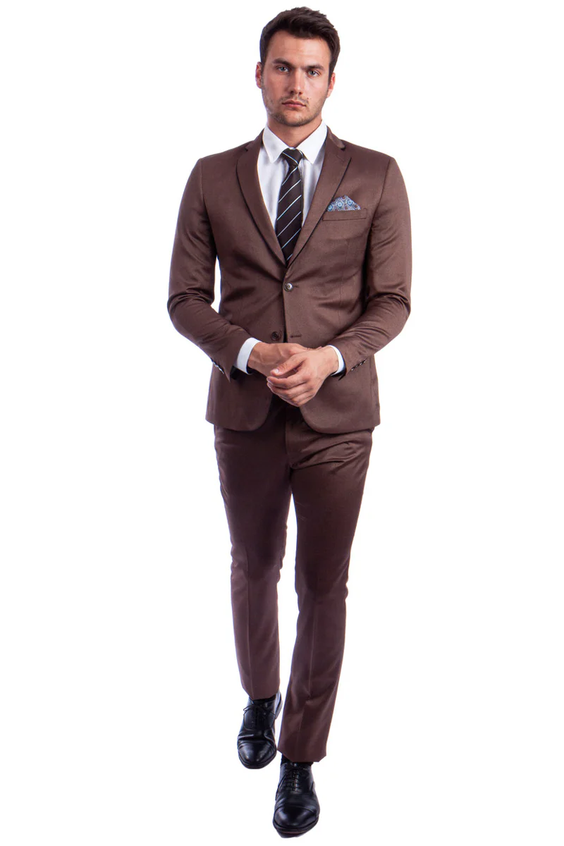 Men's Slim Fit Two Button Shiny Sharkskin Suit in Light Brown Cognac with Black Lapel Trim - Image 2