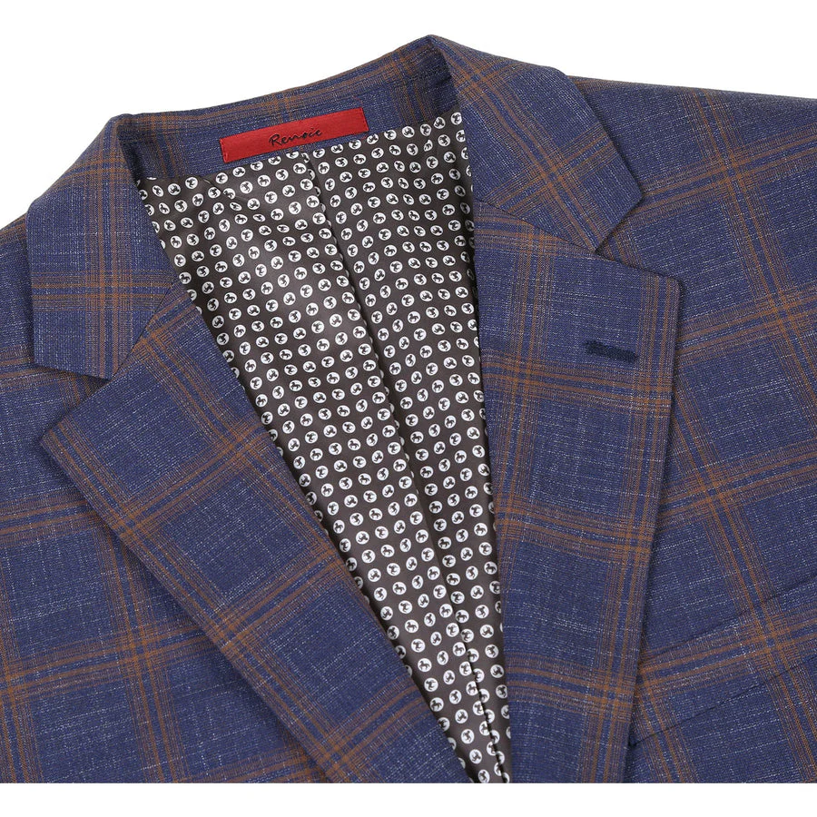 Mens Two Button Sport Coat Blazer in Navy Blue & Gold Windowpane Plaid - Image 2