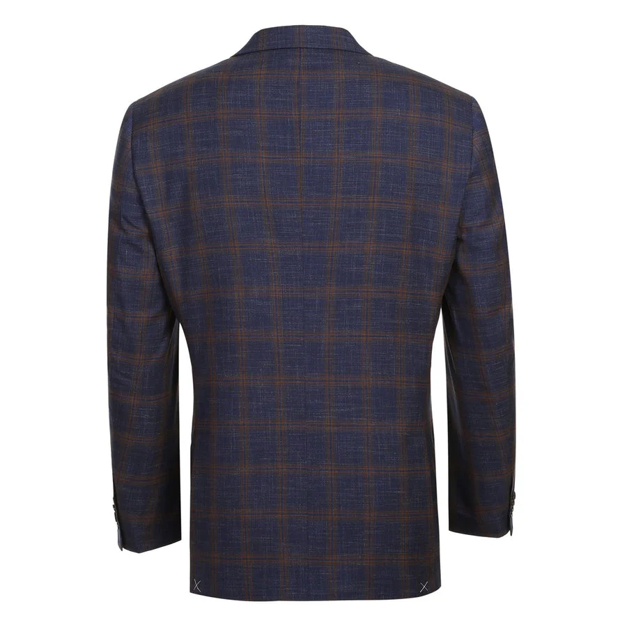 Mens Two Button Sport Coat Blazer in Navy Blue & Gold Windowpane Plaid - Image 3