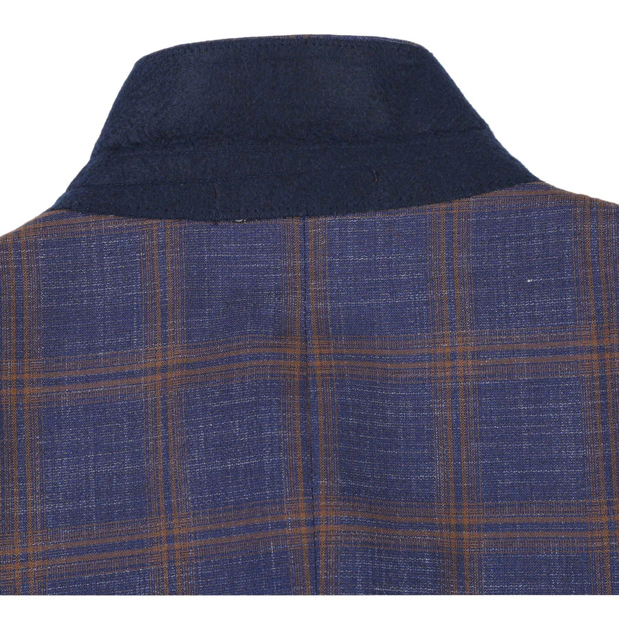 Mens Two Button Sport Coat Blazer in Navy Blue & Gold Windowpane Plaid - Image 4