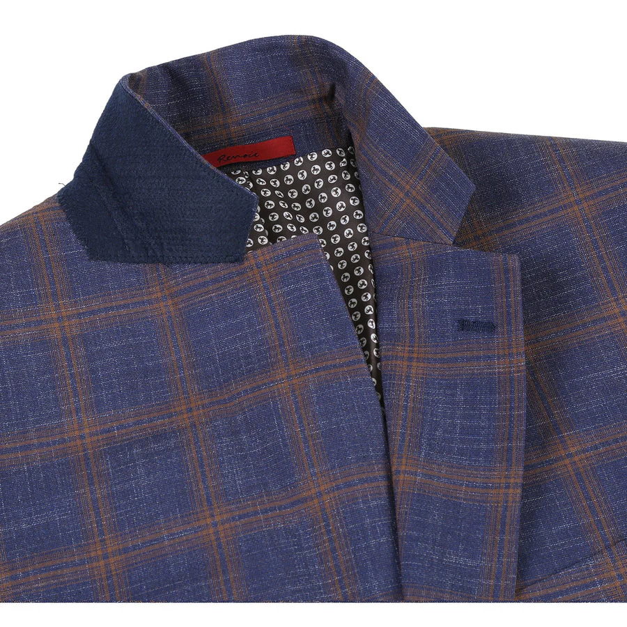 Mens Two Button Sport Coat Blazer in Navy Blue & Gold Windowpane Plaid - Image 5
