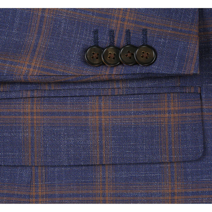 Mens Two Button Sport Coat Blazer in Navy Blue & Gold Windowpane Plaid - Image 6