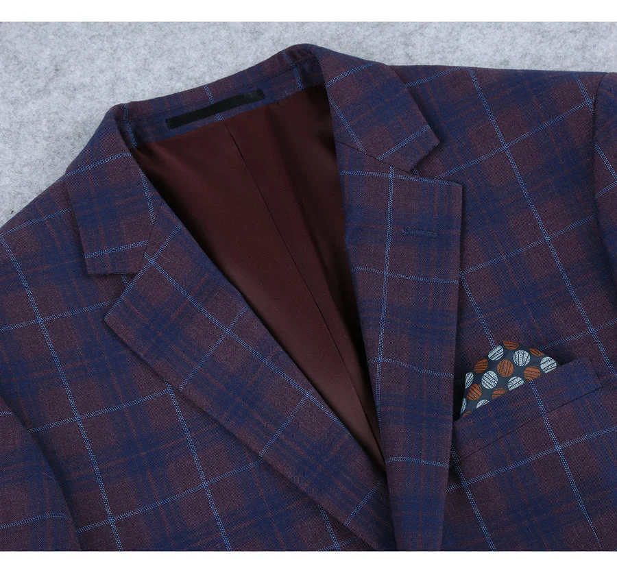 Mens Slim Fit Two Button Sport Coat Blazer in Purple & Blue Windowpane Plaid - Image 2