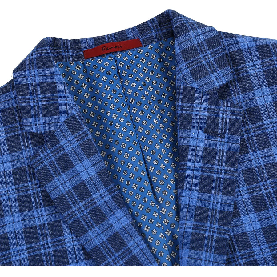 Mens Slim Fit Two Button Sport Coat Blazer in Royal & Navy Blue Windowpane Plaid - Image 2