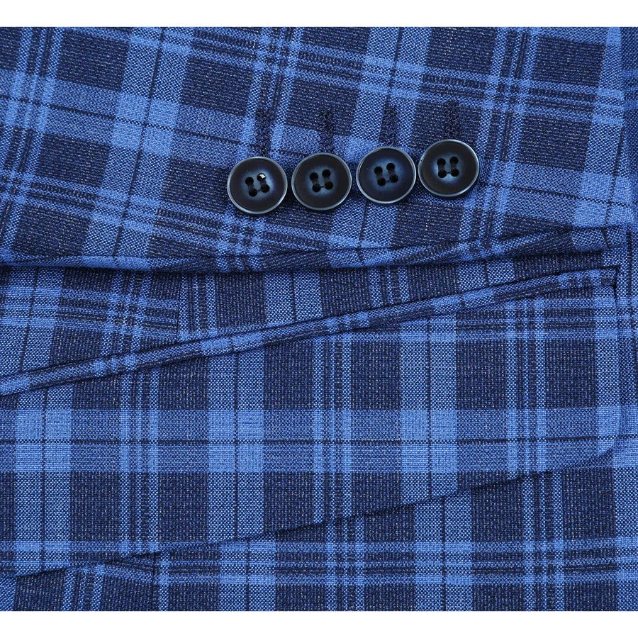 Mens Slim Fit Two Button Sport Coat Blazer in Royal & Navy Blue Windowpane Plaid - Image 5