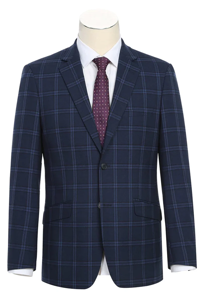 Mens Slim Fit Two Button Stretch Suit in Dark Navy Wide Windowpane Plaid
