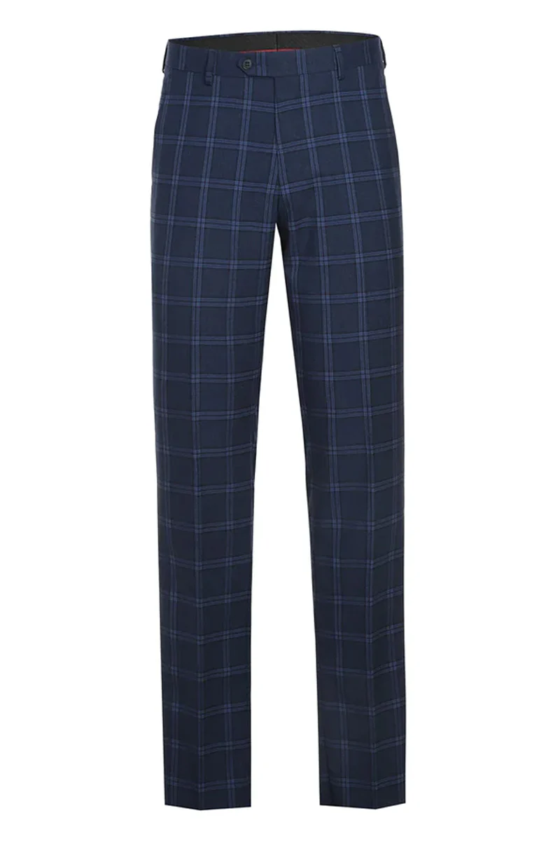 Mens Slim Fit Two Button Stretch Suit in Dark Navy Wide Windowpane Plaid - Image 2