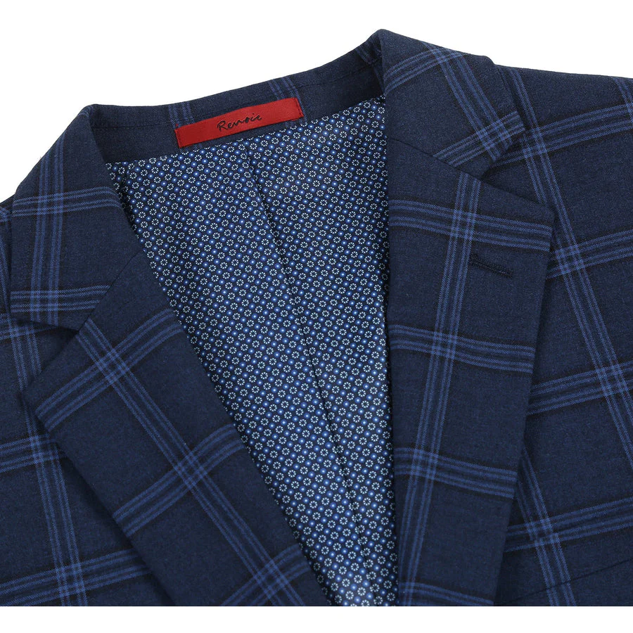 Mens Slim Fit Two Button Stretch Suit in Dark Navy Wide Windowpane Plaid - Image 4