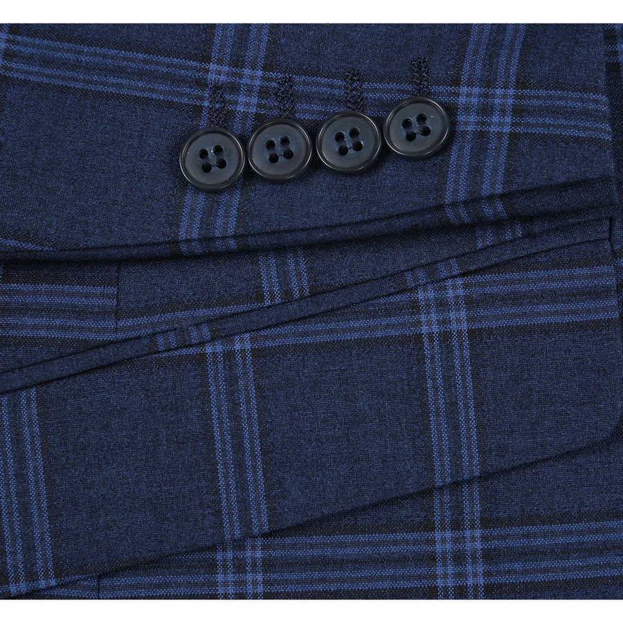 Mens Slim Fit Two Button Stretch Suit in Dark Navy Wide Windowpane Plaid - Image 6