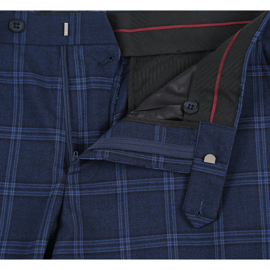 Mens Slim Fit Two Button Stretch Suit in Dark Navy Wide Windowpane Plaid - Image 7
