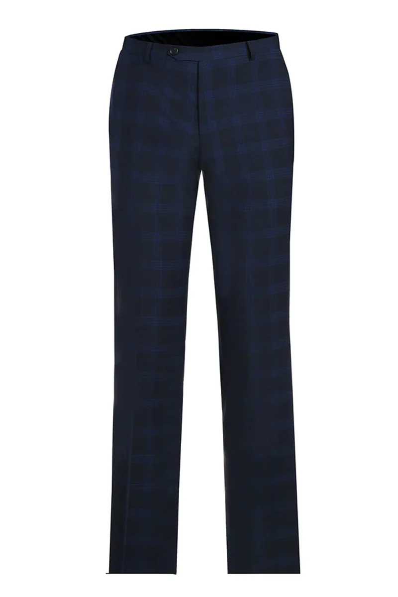 Mens Slim Fit Two Button Stretch Suit in Dark Navy Windowpane Plaid - Image 2