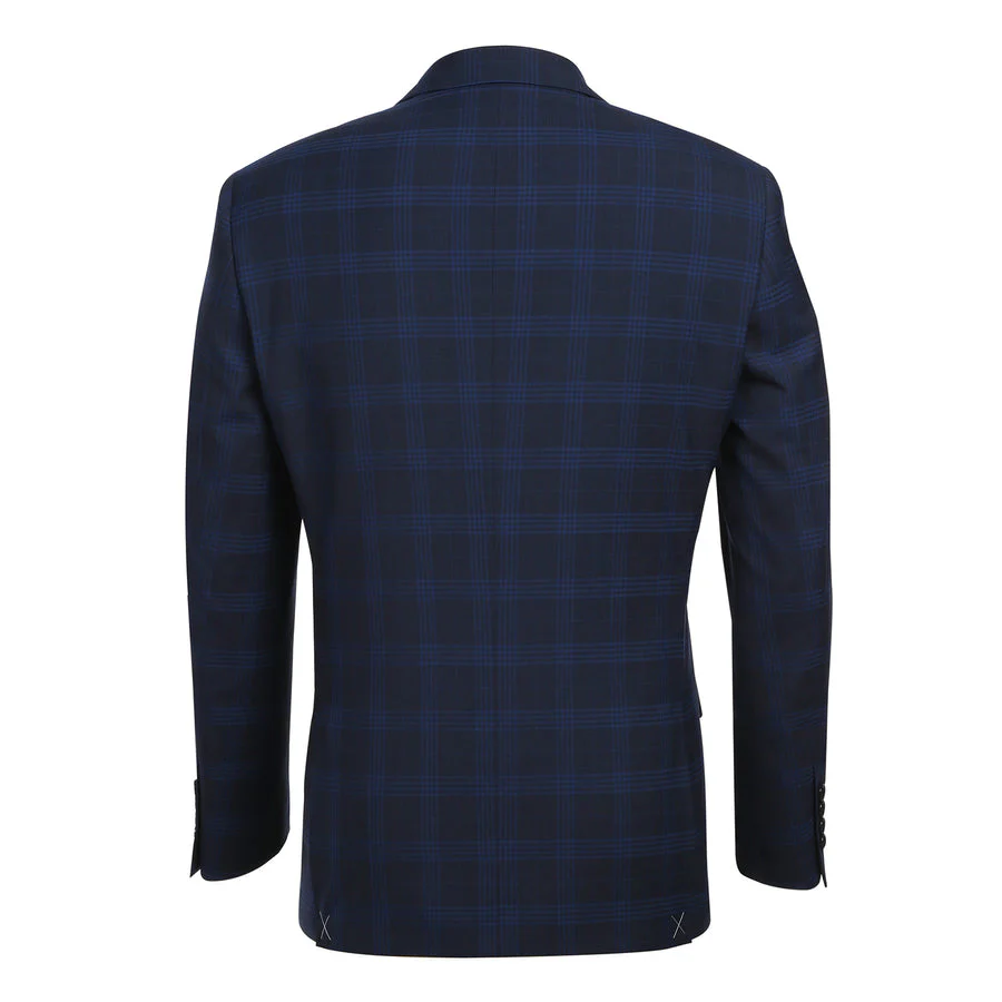 Mens Slim Fit Two Button Stretch Suit in Dark Navy Windowpane Plaid - Image 3