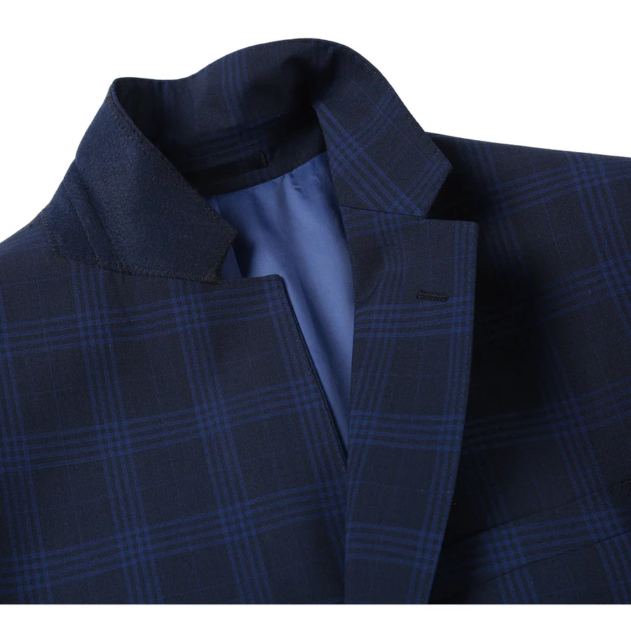 Mens Slim Fit Two Button Stretch Suit in Dark Navy Windowpane Plaid - Image 4