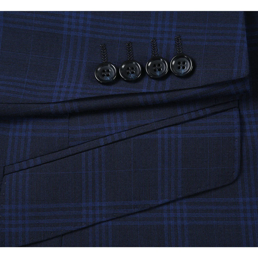 Mens Slim Fit Two Button Stretch Suit in Dark Navy Windowpane Plaid - Image 5