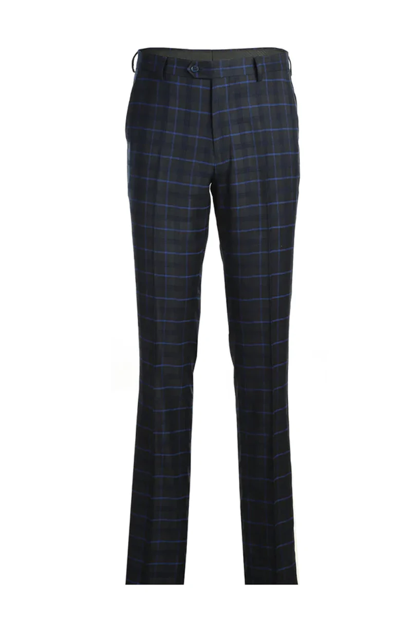 Mens Slim Fit Two Button Suit in Dark Blue Wide Windowpane Plaid - Image 2