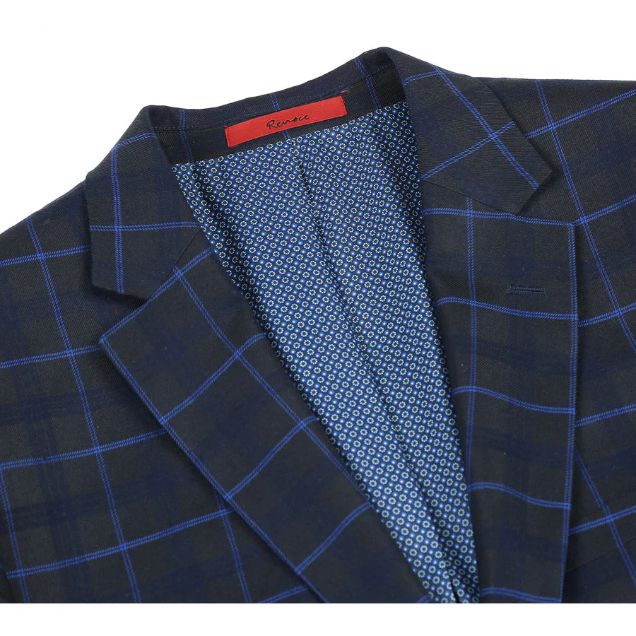 Mens Slim Fit Two Button Suit in Dark Blue Wide Windowpane Plaid - Image 3