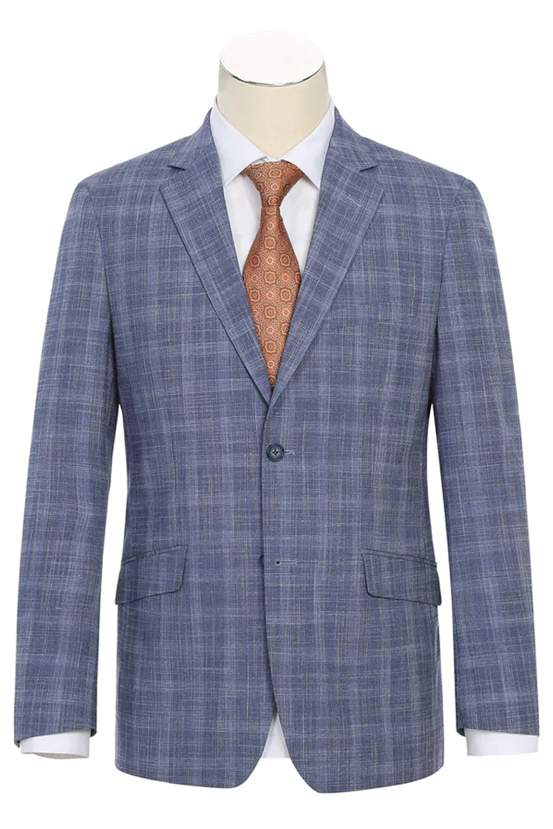 Mens Slim Fit Two Button Suit in Light Blue Wide Windowpane Summer Plaid