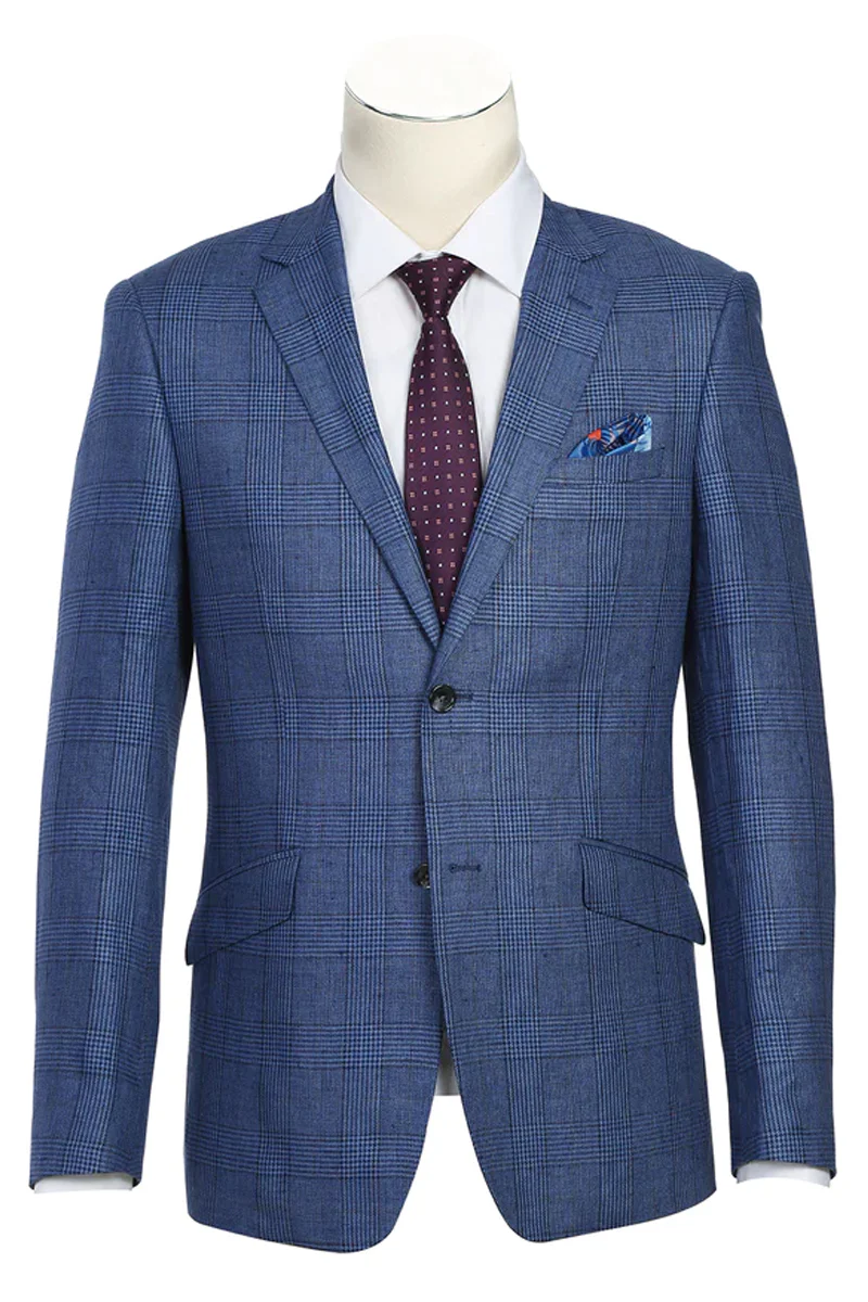 Mens Slim Fit Two Button Summer Linen Sport Coat Blazer in Navy Blue Windowpane Plaid