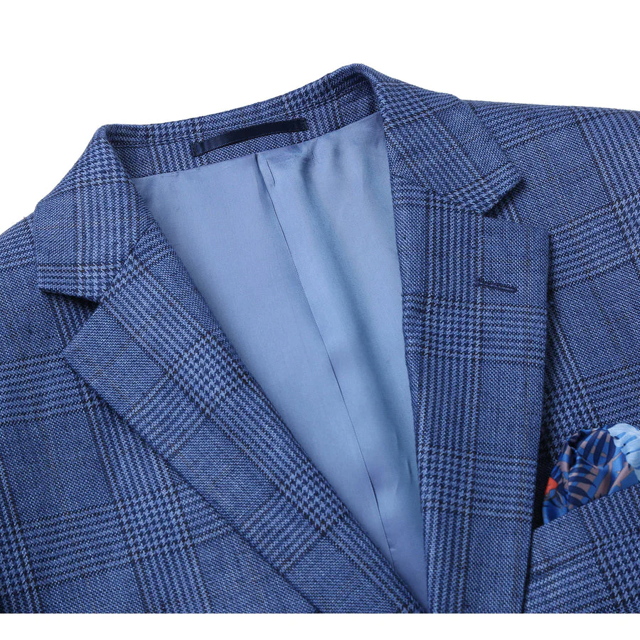 Mens Slim Fit Two Button Summer Linen Sport Coat Blazer in Navy Blue Windowpane Plaid - Image 2