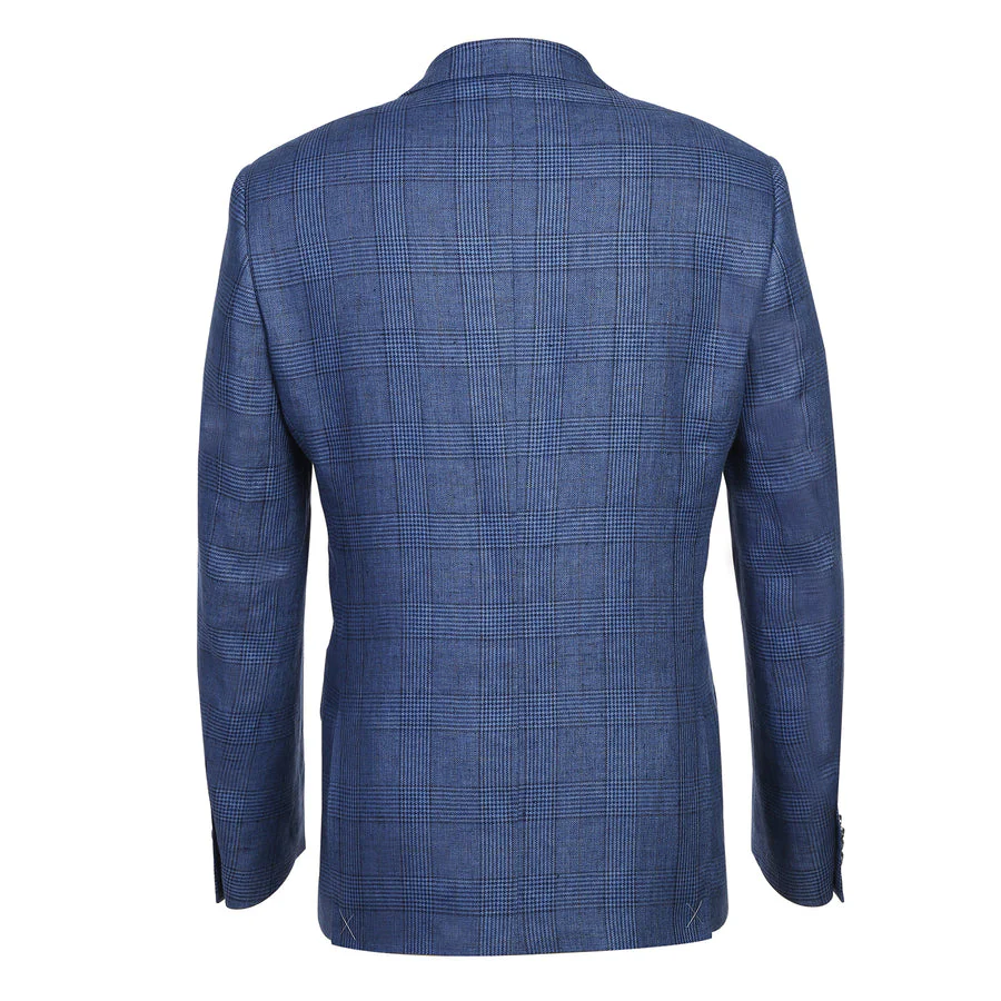 Mens Slim Fit Two Button Summer Linen Sport Coat Blazer in Navy Blue Windowpane Plaid - Image 3