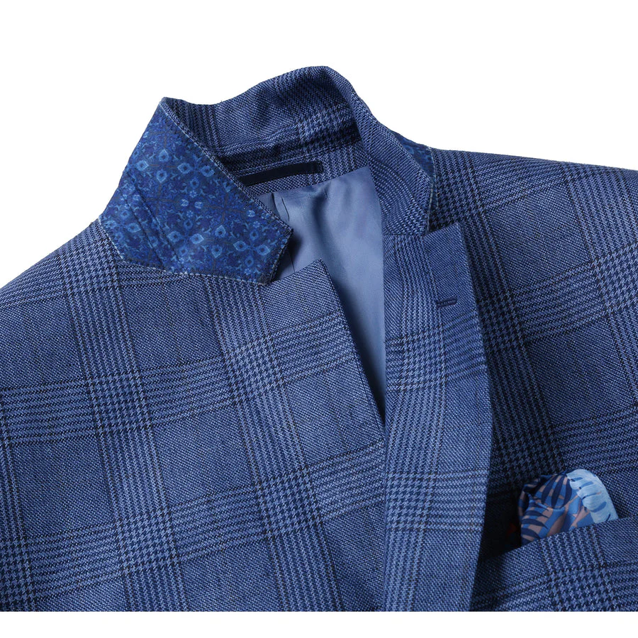 Mens Slim Fit Two Button Summer Linen Sport Coat Blazer in Navy Blue Windowpane Plaid - Image 4