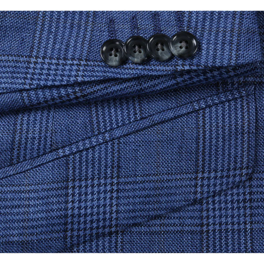 Mens Slim Fit Two Button Summer Linen Sport Coat Blazer in Navy Blue Windowpane Plaid - Image 5