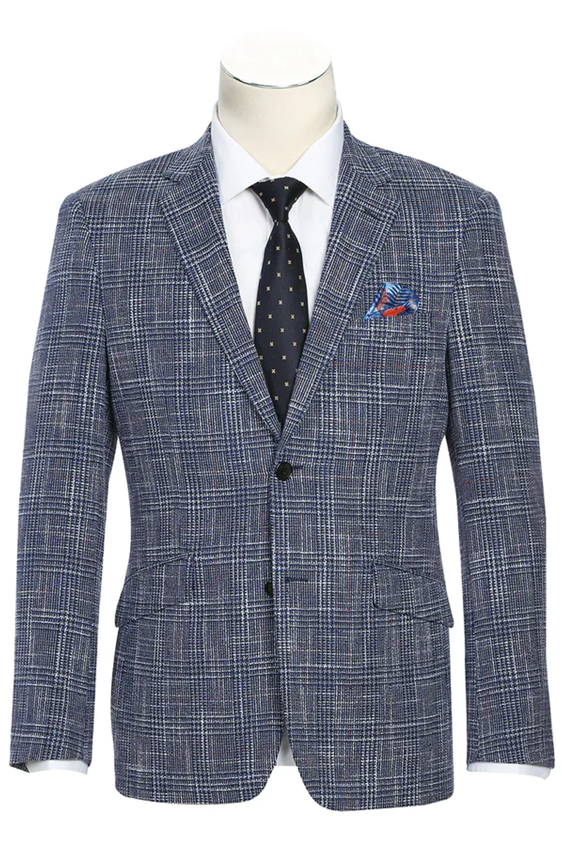 Mens Slim Fit Two Button Wool & Linen Sport Coat Blazer in Blue Windowpane Plaid