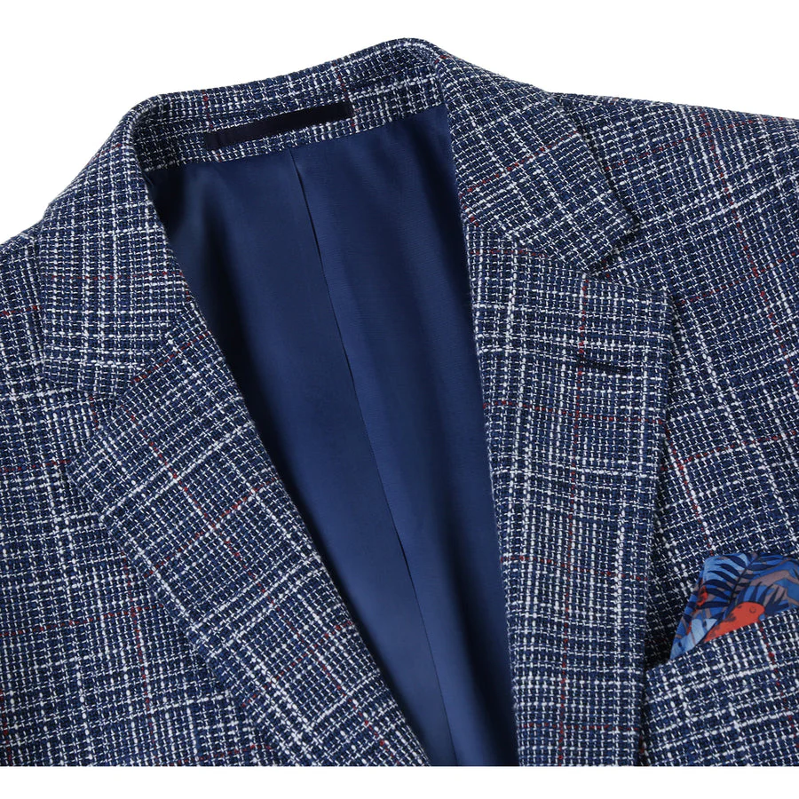 Mens Slim Fit Two Button Wool & Linen Sport Coat Blazer in Blue Windowpane Plaid - Image 2